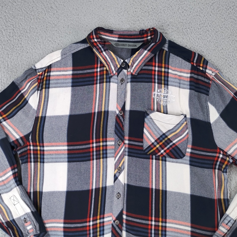 Harley Davidson Flannel Shirt Women Large Button Blue Colorful Front Back Logos - Picture 3 of 16
